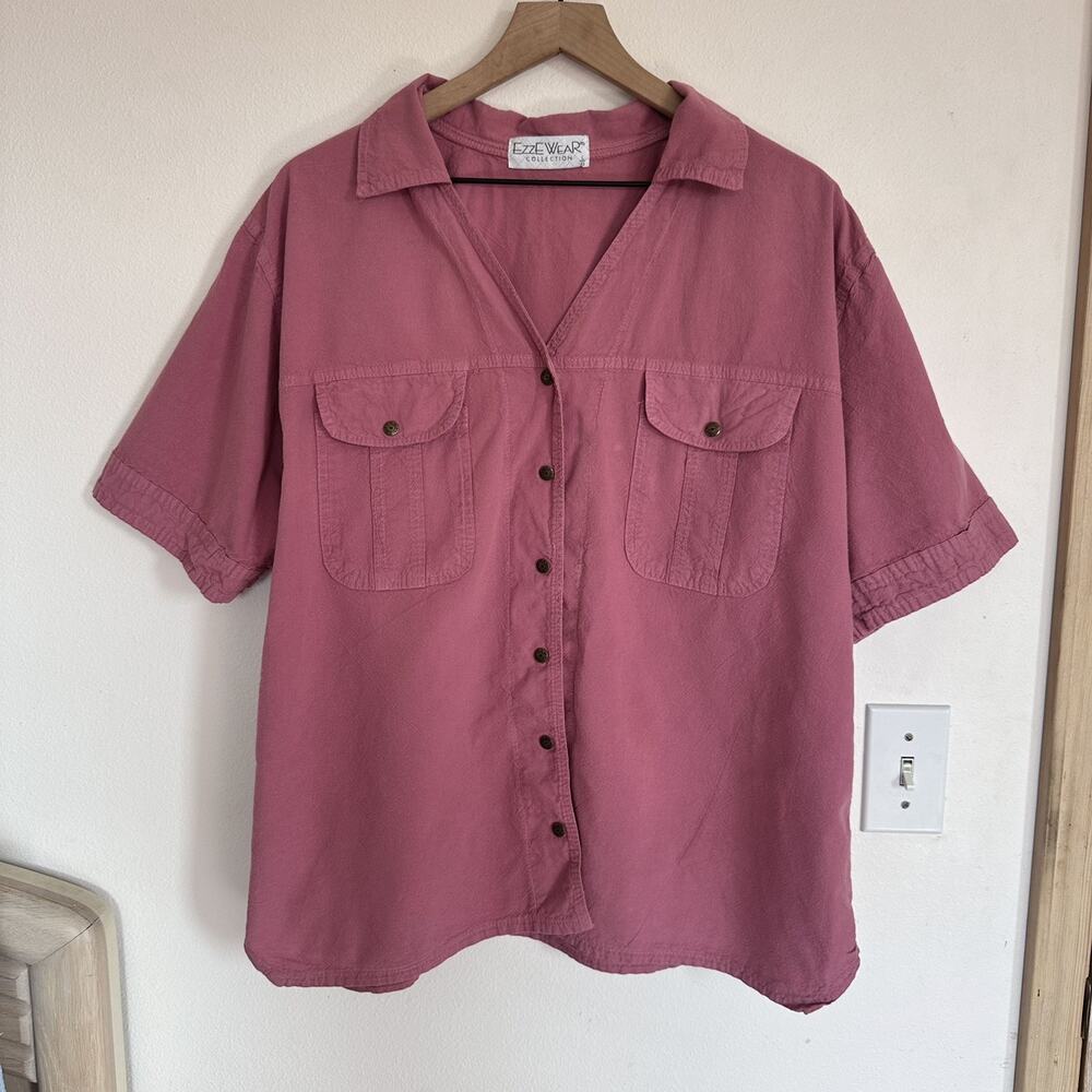 Vintage 90s 100% Cotton Camp Shirt Ezze Wear L Mauve Gorpcore Buttermom Outdoor